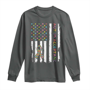 Autism Acceptance Long Sleeve Shirt American Flag Neurodivergent Support Ribbon Puzzle TS14 Dark Heather Print Your Wear