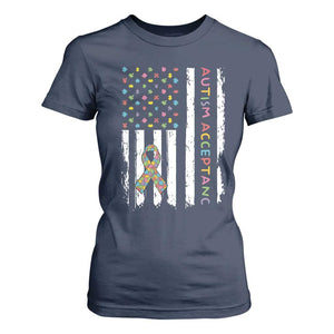 Autism Acceptance T Shirt For Women American Flag Neurodivergent Support Ribbon Puzzle TS14 Navy Print Your Wear
