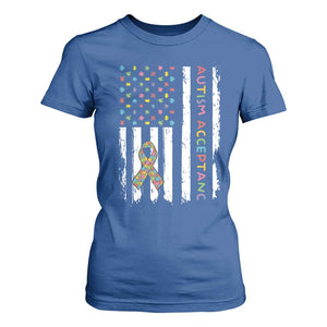 Autism Acceptance T Shirt For Women American Flag Neurodivergent Support Ribbon Puzzle TS14 Royal Blue Print Your Wear