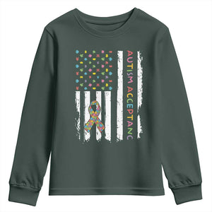 Autism Acceptance Youth Sweatshirt American Flag Neurodivergent Support Ribbon Puzzle TS14 Dark Forest Green Print Your Wear