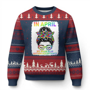 Autism Acceptance Ugly Christmas Sweater Neurodivergent Support Messy Bun Ribbon Puzzle TS14 Navy Red Print Your Wear