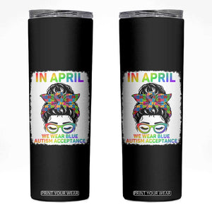 Autism Acceptance Skinny Tumbler Neurodivergent Support Messy Bun Ribbon Puzzle TS14 Black Print Your Wear