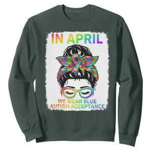 Autism Acceptance Sweatshirt Neurodivergent Support Messy Bun Ribbon Puzzle TS14 Dark Forest Green Print Your Wear