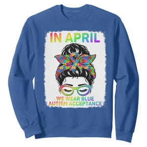 Autism Acceptance Sweatshirt Neurodivergent Support Messy Bun Ribbon Puzzle TS14 Royal Blue Print Your Wear