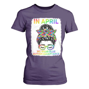 Autism Acceptance T Shirt For Women Neurodivergent Support Messy Bun Ribbon Puzzle TS14 Purple Print Your Wear