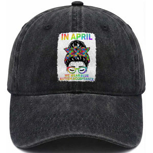 Autism Acceptance Washed Cotton Baseball Cap Neurodivergent Support Messy Bun Ribbon Puzzle TS14 Print Your Wear