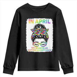Autism Acceptance Youth Sweatshirt Neurodivergent Support Messy Bun Ribbon Puzzle TS14 Black Print Your Wear