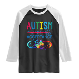 Autism Acceptance Raglan Shirt Neurodivergent Support Infinity Butterfly Symbol TS14 Black White Print Your Wear
