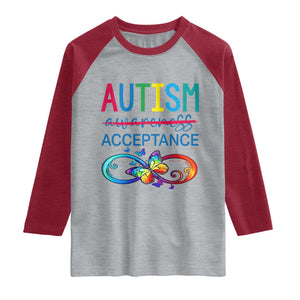 Autism Acceptance Raglan Shirt Neurodivergent Support Infinity Butterfly Symbol TS14 Heather Gray Heather Red Print Your Wear