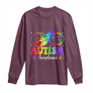 Autism Acceptance Long Sleeve Shirt - Neurodivergent Support Rainbow Feather Infinity Symbol TS14 Maroon Print Your Wear