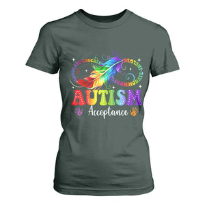 Autism Acceptance T Shirt For Women Neurodivergent Support Rainbow Feather Infinity Symbol TS14 Dark Forest Green Print Your Wear