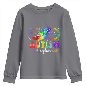 Autism Acceptance Youth Sweatshirt - Neurodivergent Support Rainbow Feather Infinity Symbol TS14 Charcoal Print Your Wear