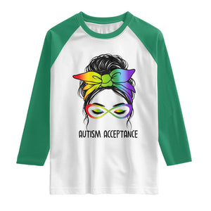 Autism Acceptance Raglan Shirt Neurodiversity Awareness Messy Bun Women TS14 White Kelly Green Print Your Wear