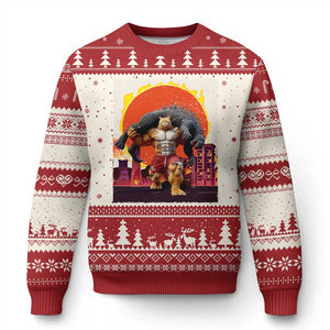 Japanese Kaiju Cat Cityscape Meme Ugly Christmas Sweater TS14 Beige Red Print Your Wear
