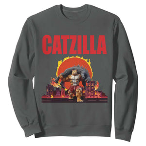 Catzilla Funny Cat Japanese Cityscape Sweatshirt TS14 Dark Heather Print Your Wear