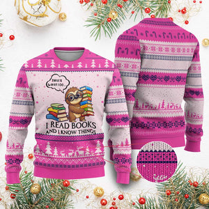 That Is What I Do I Read Books Ugly Christmas Sweater Funny Sloth Book Lover TS14 Hot Pink Print Your Wear