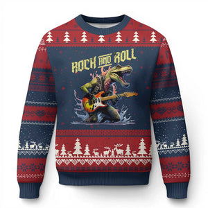 Rock And Roll Ugly Christmas Sweater Funny Dionasaur Playing Guitar TS14 Navy Red Print Your Wear