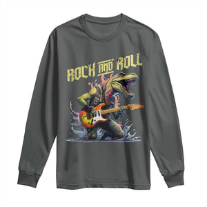 Rock And Roll Long Sleeve Shirt Funny Dionasaur Playing Guitar TS14 Dark Heather Print Your Wear