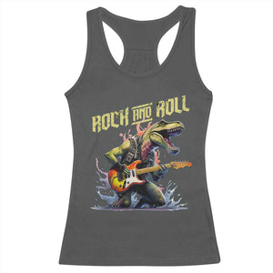 Rock And Roll Racerback Tank Top Funny Dionasaur Playing Guitar TS14 Dark Heather Print Your Wear