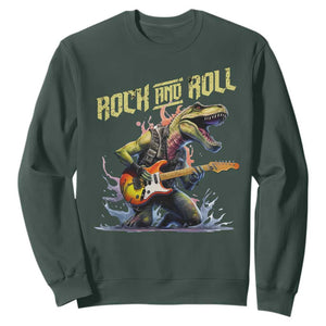 Rock And Roll Sweatshirt Funny Dionasaur Playing Guitar TS14 Dark Forest Green Print Your Wear