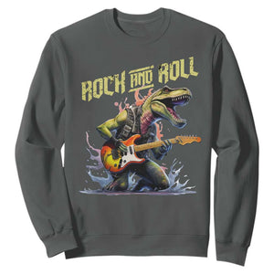 Rock And Roll Sweatshirt Funny Dionasaur Playing Guitar TS14 Dark Heather Print Your Wear