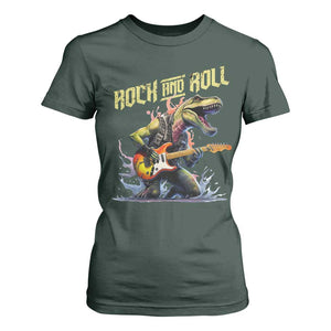 Rock And Roll T Shirt For Women Funny Dionasaur Playing Guitar TS14 Dark Forest Green Print Your Wear