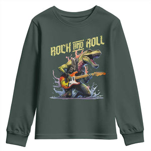 Rock And Roll Youth Sweatshirt Funny Dionasaur Playing Guitar TS14 Dark Forest Green Print Your Wear