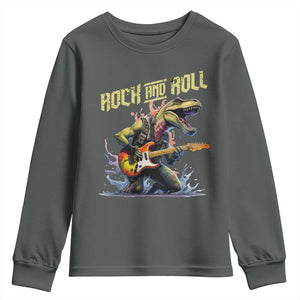 Rock And Roll Youth Sweatshirt Funny Dionasaur Playing Guitar TS14 Dark Heather Print Your Wear