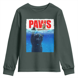 Funny Black Cat Youth Sweatshirt PAWS Parody Kitten Mouse Humorous TS14 Dark Forest Green Print Your Wear
