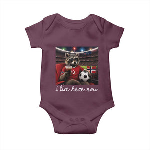 Norway Soccer Football Fan Norge Norwegian Flag Baby Onesie Funny Raccoon Drinking Iced Coffee TS14 Maroon Print Your Wear