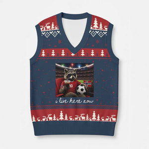 Norway Soccer Football Fan Norge Norwegian Flag V-Neck Knit Sweater Vest Funny Raccoon Drinking Iced Coffee TS14 Navy Red Print Your Wear