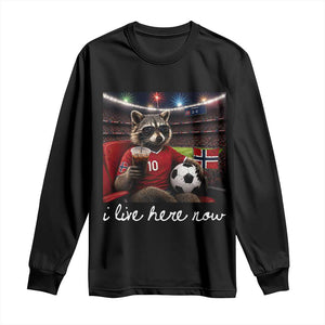 Norway Soccer Football Fan Norge Norwegian Flag Long Sleeve Shirt Funny Raccoon Drinking Iced Coffee TS14 Black Print Your Wear