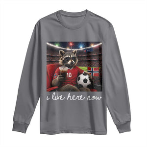 Norway Soccer Football Fan Norge Norwegian Flag Long Sleeve Shirt Funny Raccoon Drinking Iced Coffee TS14 Charcoal Print Your Wear