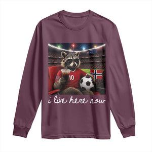 Norway Soccer Football Fan Norge Norwegian Flag Long Sleeve Shirt Funny Raccoon Drinking Iced Coffee TS14 Maroon Print Your Wear
