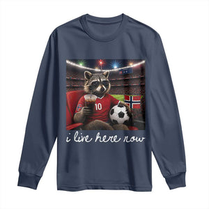 Norway Soccer Football Fan Norge Norwegian Flag Long Sleeve Shirt Funny Raccoon Drinking Iced Coffee TS14 Navy Print Your Wear