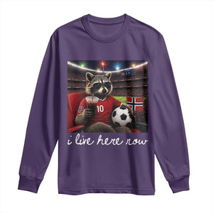Norway Soccer Football Fan Norge Norwegian Flag Long Sleeve Shirt Funny Raccoon Drinking Iced Coffee TS14 Purple Print Your Wear