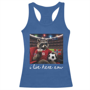 Norway Soccer Football Fan Norge Norwegian Flag Racerback Tank Top Funny Raccoon Drinking Iced Coffee TS14 Royal Blue Print Your Wear