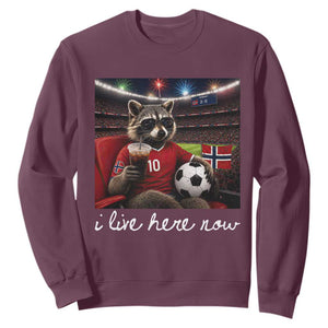 Norway Soccer Football Fan Norge Norwegian Flag Sweatshirt Funny Raccoon Drinking Iced Coffee TS14 Maroon Print Your Wear