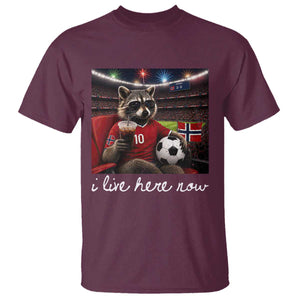 Norway Soccer Football Fan Norge Norwegian Flag T Shirt Funny Raccoon Drinking Iced Coffee TS14 Maroon Print Your Wear