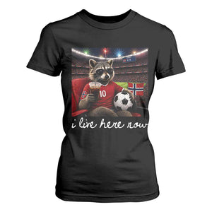 Norway Soccer Football Fan Norge Norwegian Flag T Shirt For Women Funny Raccoon Drinking Iced Coffee TS14 Black Print Your Wear