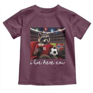 Norway Soccer Football Fan Norge Norwegian Flag Toddler T Shirt Funny Raccoon Drinking Iced Coffee TS14 Maroon Print Your Wear