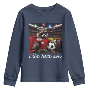 Norway Soccer Football Fan Norge Norwegian Flag Youth Sweatshirt Funny Raccoon Drinking Iced Coffee TS14 Navy Print Your Wear