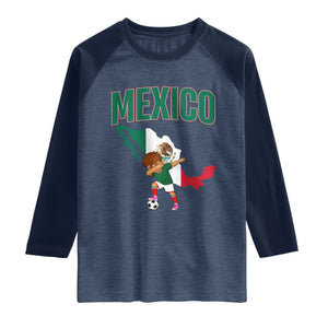 Mexico Soccer Boy Dabbing Boy Mexican Flag Map Raglan Shirt TS14 Heather Denim Navy Print Your Wear