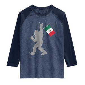 Bigfoot Rock On Hold Mexico Flag Sasquatch Believers Raglan Shirt TS14 Heather Denim Navy Print Your Wear