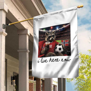 Norway Soccer Football Fan Norge Norwegian Flag Garden Flag Funny Raccoon I Live Here Now TS14 Print Your Wear