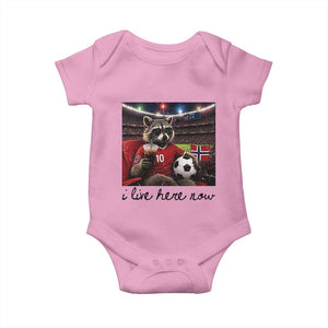 Norway Soccer Football Fan Norge Norwegian Flag Baby Onesie Funny Raccoon I Live Here Now TS14 Light Pink Print Your Wear