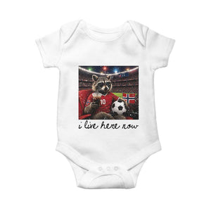 Norway Soccer Football Fan Norge Norwegian Flag Baby Onesie Funny Raccoon I Live Here Now TS14 White Print Your Wear