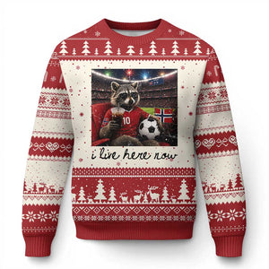 Norway Soccer Football Fan Norge Norwegian Flag Ugly Christmas Sweater Funny Raccoon I Live Here Now TS14 Beige Red Print Your Wear