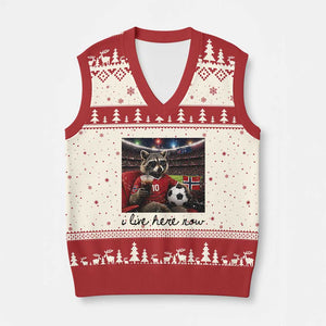 Norway Soccer Football Fan Norge Norwegian Flag V-Neck Knit Sweater Vest Funny Raccoon I Live Here Now TS14 Beige Red Print Your Wear