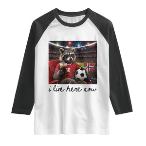 Norway Soccer Football Fan Norge Norwegian Flag Raglan Shirt Funny Raccoon I Live Here Now TS14 White Black Print Your Wear